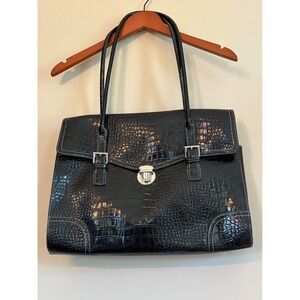 Liz Claibourne Blk Faux‎ Croc Laptop Satchel Briefcase Messenger Bag